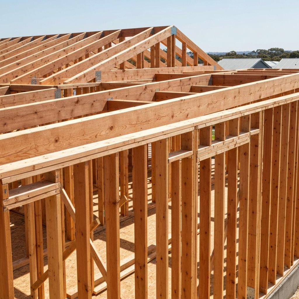 Timber wall framing and structural wooden framework of a residential building