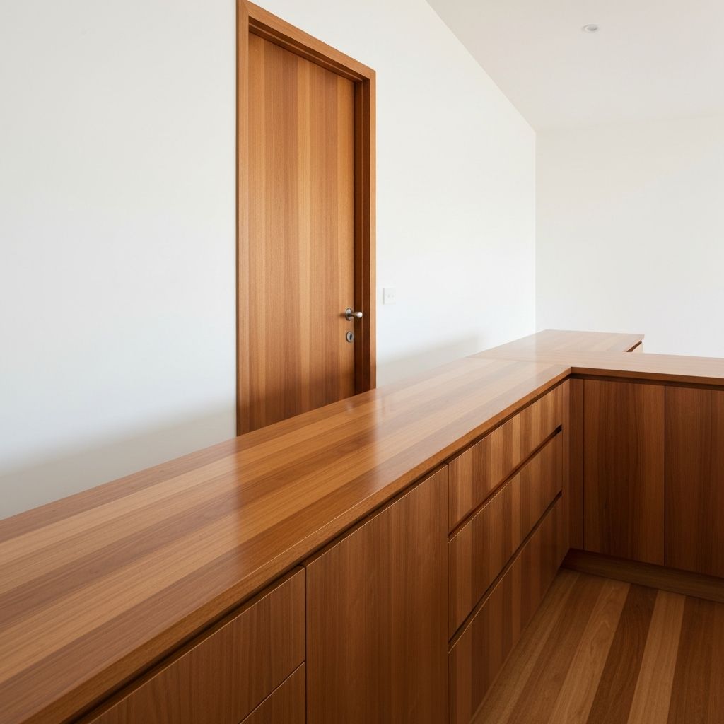 Custom timber cabinetry and wooden door installation in a home interior